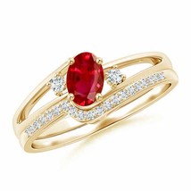 ANGARA Oval Ruby and Diamond Wedding Band Ring Set in 14K Solid Gold - £1,152.71 GBP