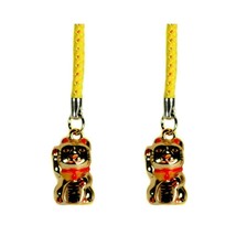 SET OF 2 LUCKY GOLD CAT BELL CHARM Beckoning Kitty Maneki Neko Brass Pho... - €7,82 EUR