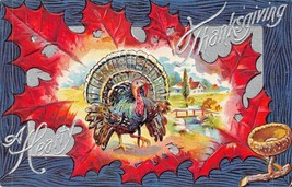 A Hearty Thanksgiving~Colorful Turkey On Autumn Leaf~Embossed Herman Postcard - £7.25 GBP