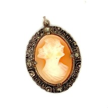 Antique Signed Sterling Victorian Shell Carved Cameo with Marcasite Pendant - $44.55