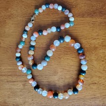 Vintage Stone Bead Necklace real gemstones 22&quot; Carnelian Quartz Agate Aventurine - £32.23 GBP