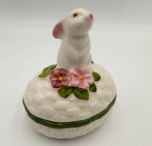 Vintage Weiss Avon Porcelain 4.5&quot; Trinket Box Hand Painted Bunny Egg Bas... - $9.89