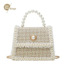  shoulder bags pearl elegant plaid women hand bag floral cotton linen solid chain strap thumb200