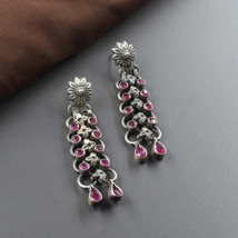 Traditional 925 Sterling Silver Ruby Oxidized Women dangle Earrings - £42.41 GBP