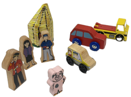 Mixed Lot of 8 Replacement Wooden Play Blocks Toys People Pig Vehicles Hut - £13.23 GBP