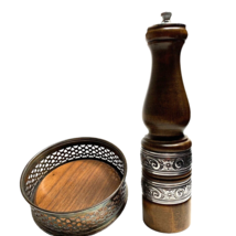 Vintage Walnut Wooden Pewter Pepper Grinder with Pewter Wooden Tray 1950s - £25.22 GBP