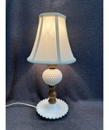 Vintage MCM Wood &amp; Milk Glass Hobnail 13” Table Lamp tested W/ Cloth Shade - £22.57 GBP