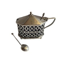 Victorian 1878 Silver Mustard Pot &amp; 1890 Spoon, Sterling Footed Condiment Holder - £123.62 GBP