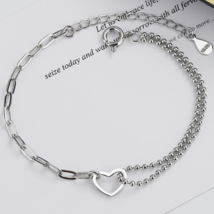 Love Heart Paper Clip and Beaded Chain Bracelet Sterling Silver - £10.66 GBP