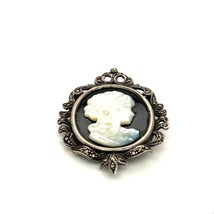 Vtg Signed Sterling TH Art Deco Marcasite Mop Black Onyx Cameo Pendant Brooch - £50.26 GBP