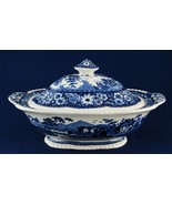 Royal Cauldon Native Blue &amp; White Oval Vegetable Bowl w Lid China England - $195.00