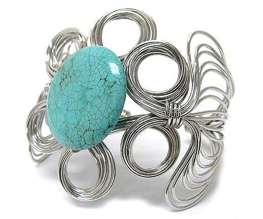 Chunky Wire Wrap Bracelet Round Faux Turquoise Stone Cuff Silver Blue Statement - $16.99