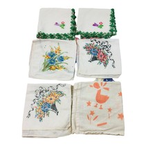 6 Vintage White Hankies 2 Crocheted Edge &amp; Embroidered 8&quot; Color Printed 9&quot; - £20.86 GBP