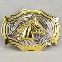 Belt Buckle Horse Head Western Old West Silver and Gold Color Shiny - £39.61 GBP
