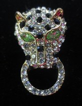 Vtg Panther Tiger Cat Head Glass Green Eyes Rhinestone Pierced Earrings - £19.54 GBP