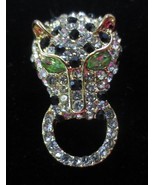 Vtg Panther Tiger Cat Head Glass Green Eyes Rhinestone Pierced Earrings - £19.61 GBP