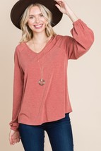 Women&#39;s Rust Casual V Neck Basic Long Sleeve Top - £18.72 GBP