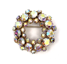 Vintage Weiss Brooch AB Aurora Crystal Rhinestone Circle Wreath Pin Gold... - $35.00