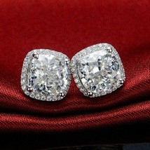 2.00 Ct Cushion Simulated Diamond 14K White Gold Plated Halo Stud Gift Earrings - £54.50 GBP