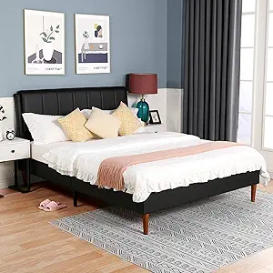 Leather Full Size Upholstered Platform Bed With Pu Headboard, Solid Wood... - $478.99