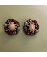 80&#39;s VTG Clip On Copper Earrings Multi Hued Large Statement Red Blue Stones - £5.81 GBP