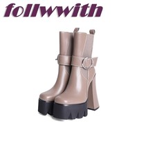 Mixed Colors Platform Chunky Heels Belt Buckle  Boots  Metal Ring Elestic Slip O - £162.81 GBP