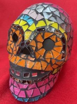 Mexican Folk Art Day Of The Dead Black Clay Skull With Colorful Glass Mo... - £31.32 GBP