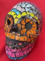Mexican Folk Art Day Of The Dead Black Clay Skull With Colorful Glass Mo... - $40.00