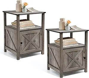 Farmhouse Nightstand Bedroom, End Table With Barn Door And Shelf, Wooden... - $259.99