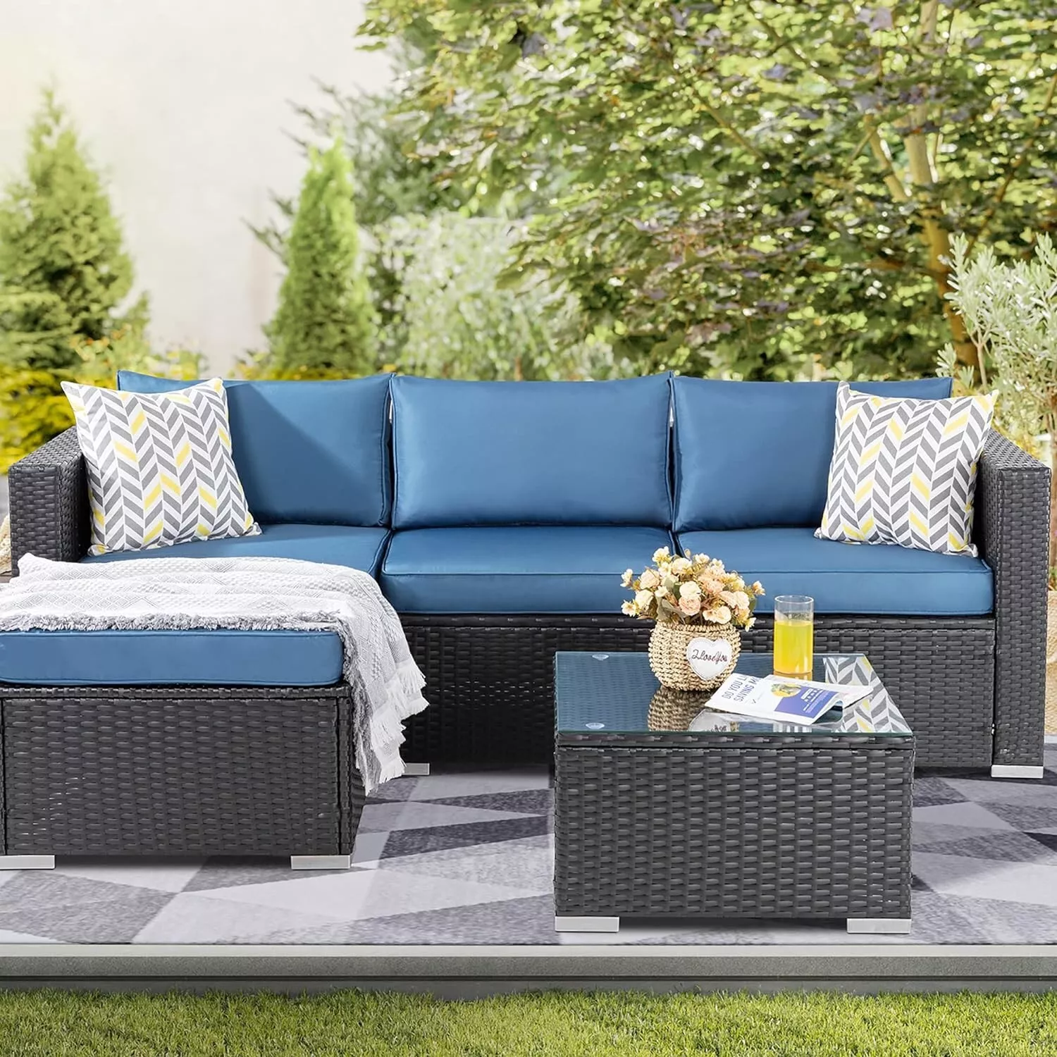 Black Outdoor Rattan Wicker Sectional Sofa Furniture Set w/ Table - Blue... - $532.52 CAD