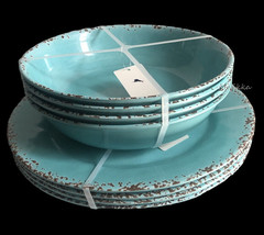 Tommy Bahama Set of 8 Aqua Blue Speckled Melamine Dinner Plates Bowls 4 Of Each - £80.27 GBP