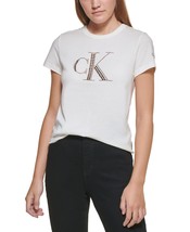 Calvin Klein Womens Embellished Logo T-Shirt,Mascarpone Topaz,X-Large - $42.99
