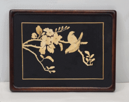 Chinese Straw Art Painting Marquetry Birds Flowering Tree Branch Framed Vintage - £44.06 GBP