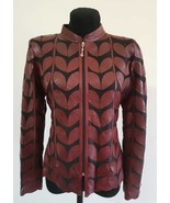 Burgundy Plus Size Leather Coat Woman Jacket Leaf Design Zip Light Short Soft D1 - £180.96 GBP