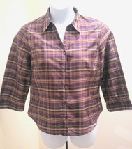 Kate Hill 14 Shirt Multi Colored Silk Purple Plaid 3/4 Sleeve Button Top - £16.05 GBP