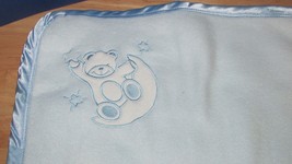 Cutie Pie baby blanket solid light blue moon bear stars corner fleece satin trim - £7.90 GBP