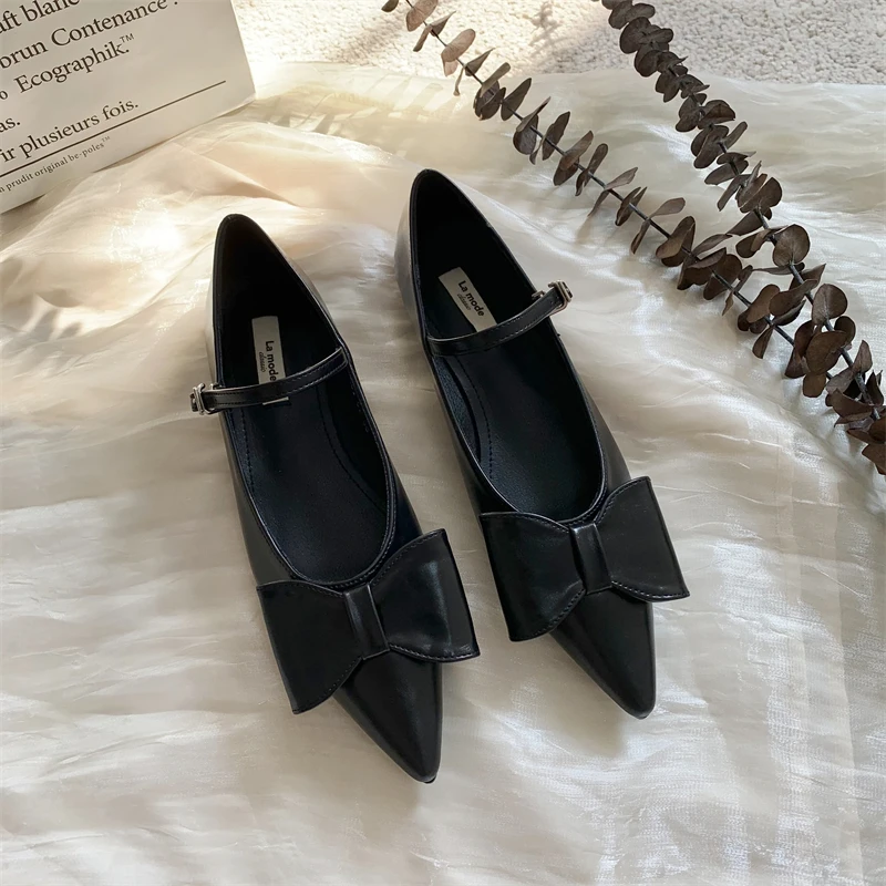 2024 Spring Flats Shoes Women Black Pointed Toe Flat Ballet Sweet Bow-knot Shall - £151.07 GBP