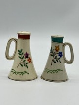 Salt Pepper Shakers White Floral Megaphone Gold Trim Teal Rust Cork Stop... - £8.12 GBP