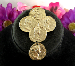 M Lent Vintage Big Brooch Mock Roman Coins Heavy Dangle Charm Goldtone 3 1/8&quot; - £17.38 GBP