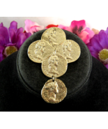 M LENT Vintage BIG BROOCH MOCK Roman COINS Heavy Dangle Charm Goldtone 3... - $29.64 CAD