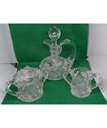 Vintage Etched Sun Burst Sawtooth Cut Glass Mini Creamer,  Sugar, &amp; Oil ... - $67.66 CAD
