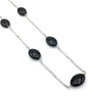 TALBOTS beaded station necklace - silver-tone chain &amp; black glass beads 46&quot; long - $20.00