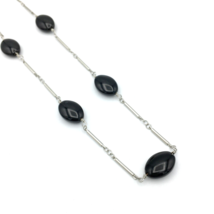 TALBOTS beaded station necklace - silver-tone chain &amp; black glass beads 46&quot; long - £15.72 GBP