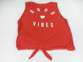 Retro Funky Slightly Cropped T-shirt GOOD VIBES Medium RED Tie Waist - $3.70