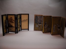 2 Mini Folding Screens 1 Black Frame Weaved Lake Scene Boat 1 Paper Asian Family - £269.92 GBP