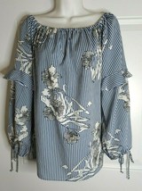 Style Envy On/Off Shoulder Tie Cuffs Blue White Stripe Floral Tunic Top ... - $6.64