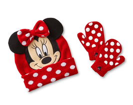 NEW Girls Disney Minnie Mouse Winter Hat &amp; Mittens Set red beanie w/ ear... - £5.90 GBP