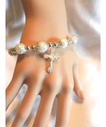 Religious Catholic Christian Stretch Faux Pearls Beads Cross  Bracelet  - £3.98 GBP