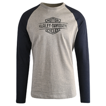 Harley-Davidson Men&#39;s T-Shirt Blue Heather Grey Oil Can Bar Shield Raglan (S30) - £26.18 GBP