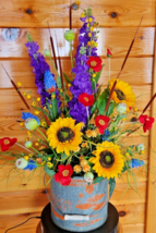 Wild Flower Antique Minnow Fish Bucket Floral Arrangement Yellow Sunflowers.. - $363.72